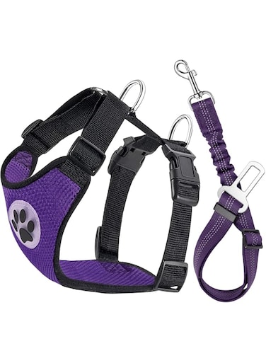 Lukovee Dog Safety Vest Harness with Seatbelt, Dog Car Harness Seat Belt Adjustable Pet Harnesses Double Breathable Mesh Fabric with Car Vehicle Connector Strap for Dog (Medium, Purple Seatbelt)