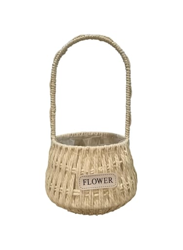 AMIAZI&trade; Handwoven Seagrass Flower Basket with Handle - 18 cm Diameter, 14 cm Height, with Plastic Liner - Natural, Lightweight, and Eco-Friendly Decorative Basket