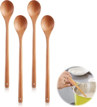 Wooden Mixing Spoons, 4Pcs Long Handle Soup Spoons for Kitchen Stirring and Cooking, 33CM