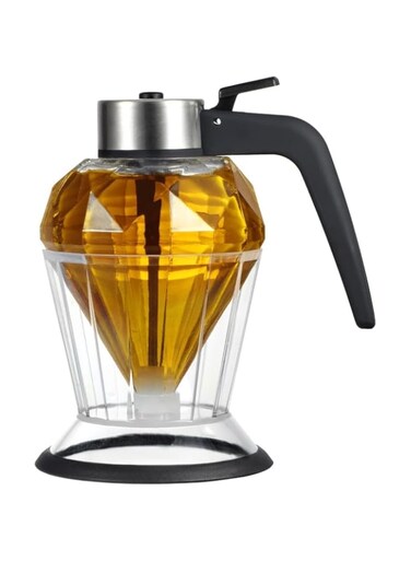 The Honey Pot With Dispenser, Syrup Dispenser with Stand, 8 Ounces Diamond Shaped Glass Honey Jar With Stainless Steel Top, No Drip, for Syrup, Sauces, Condiments