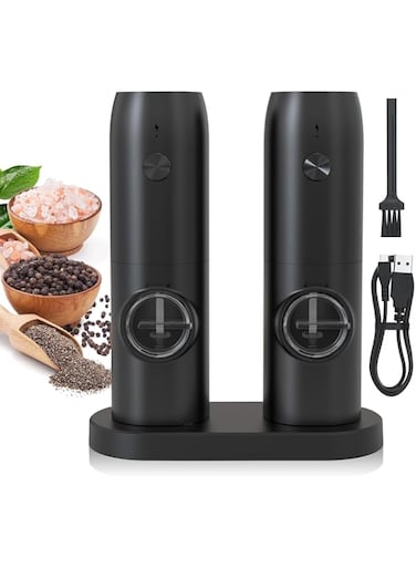 Yakiter Electric Salt and Pepper Grinder Set with LED White Light, Automatic Pepper Salt Mill with Charging Base and Type-C, One-handed operation Auto grinders, Refillable, 5 Adjustable Coarseness