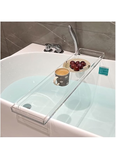 XINGLL Acrylic Bathtub Caddy Tray, Acrylic Bath Bridge, Clear Serving Tray for Coffee Food Towel Wine Perfume Cosmetic Storage, Vanity Counter Bathroom Organizer Countertop