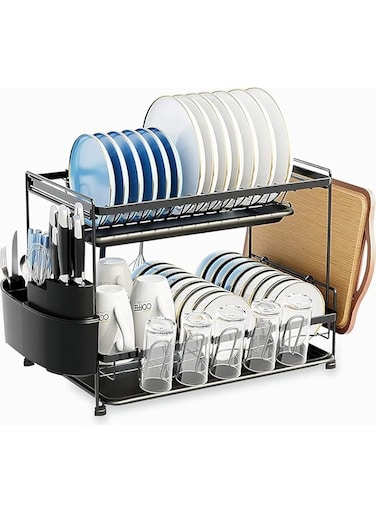 MIXDE Dish Drying Rack, 2 Tier Dish Rack with Tray Utensil Holder, Large Capacity Rustproof Dish Drainer with Cutting Board Holder Drain Board Tray for Kitchen Counter Organizer Storage (Black)
