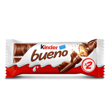 Kinder Bueno Milk Chocolate Bar in Wafer with Hazelnut Cream, 2 Individually Wrapped Bars, 43g