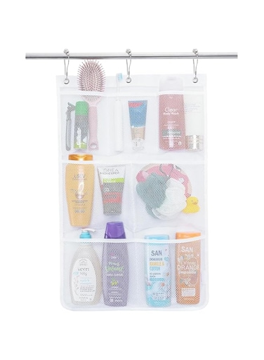 Shower Organizer, Shower Caddy or Bathroom Organizer with Quick Drying Mesh, 7 Pockets to Hold Shampoo, Soap, Loofah, and Cruise Ship Essentials, White, 1 Pack