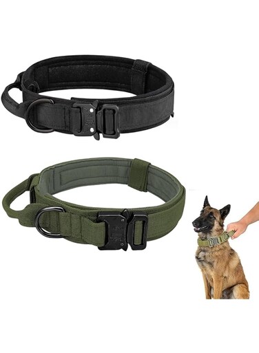 YHRY Tactical Dog Collar, Adjustable Military Training Nylon Dog Collar with Control Handle And Heavy Metal Buckle for Medium And Large Dogs, Large Dog Pet Collar (Black + Greener, L)