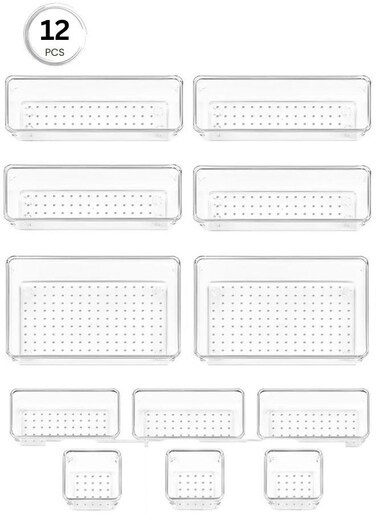 Drawer Dividers Organizer Set of 12 Pieces Clear Plastic Drawer Organizing and Storage Bins For Makeup Jewelry Dresser Office And Kitchen Bliss