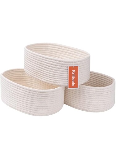 Kriitools Baskets&amp;Bins for Shelf Storage Organizing/Cute Basket to Store and Organize Household Items/Woven Rope Basket for Living Room, Bedroom,Playroom,3 Packs White