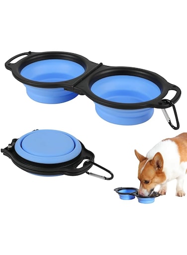 MAKINGTEC Collapsible Dog Bowls, Portable Travel Pet Feeder Bowl, 2 in 1 Expandable Silicone Pet Food &amp; Water Double Bowl, Cat Feeder Dish with Carabiner for Walking, Traveling, Hiking, Camping（Blue）