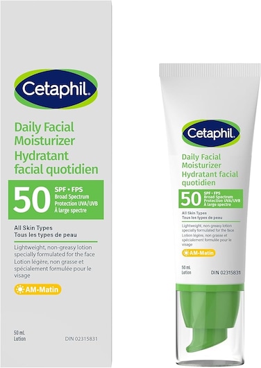 Cetaphil Daily Facial Moisturizer SPF 50 - For all Skin type - Oil Free and Non Greasy - Lightweight Lotion With Broad Spectrum Protection - Dermatologist Recommended, 50ml