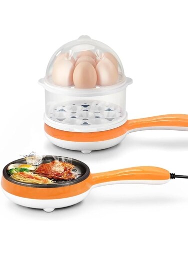 SWIFTOO Egg Cooker: 14 Egg Capacity Multifunctional 2 in 1 Electric Egg Cooker For Boiled Eggs,Steamed Eggs,Poached Eggs And Non Stick frying pan with Water Measuring Cup(ORANGE)