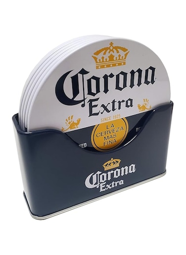 The Tin Box Company Corona 6 pc Coaster Set with Standing Metal Holder, White and Blue
