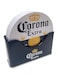 The Tin Box Company Corona 6 pc Coaster Set with Standing Metal Holder, White and Blue