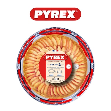 Pyrex Bake&amp;Enjoy Round Pastry Dish Set - 26cm Deep &amp; 28cm Flat, Durable Borosilicate Glass