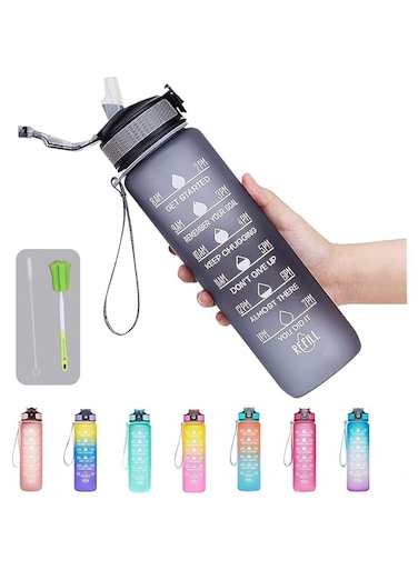 Arabest 32oz Leakproof Tritan BPA Free Drinking Water Bottle with Time Marker &amp; Straw to Ensure You Drink Enough Water Throughout The Day for Fitness and Outdoor Enthusiasts (black, 01)