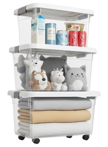Storage Boxes Multi-Size Transparent Storage Box with Lid &amp; Wheels &acirc;&euro;&ldquo; Stackable Organizer Bin with Front &amp; Top Opening &acirc;&euro;&ldquo; Plastic Storage Container for Clothes, Toys, Pantry &amp; Home Use