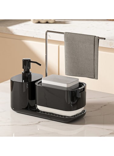 Hand and Dish Soap Dispenser Set for Kitchen, Dual Soap Pump Dispenser with Towel Rack and Sponge Holder, Kitchen Accessories Sink caddy, Kitchen Sink Organizer Storage Rack.