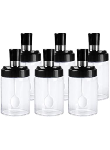 LOYUYU Luyy Kitchen Glass Spice Jars Seasonning Box Set of 6, Condiment Pots Spice Jars with Spoons, Oil Bottle Honey Jar Dispenser, Airtight Cap Transparent (8.45oz)
