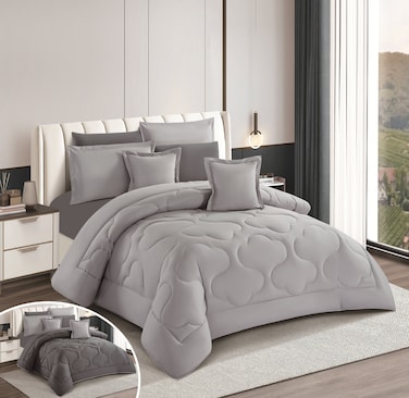 STARGOLD Microfiber Solid Comforter 8 Pieces Set Fitted Sheet, Pillow Sham, Pillow Case, Cushion Comforter 260X240 CM King Size Mattress, SG-CS2004-SOLID98 LIGHT GREY