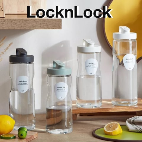 LocknLock 1.5L Easy Grip Water Bottle - White, Transparent with Detachable Lid for Fridge and Tabletop Use