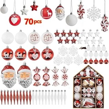 Christmas Balls Ornaments Set for Xmas Christmas Tree, Christmas Tree Ornaments Balls with Hanging Rope, Shatterproof Christmas Decorations for Home Holiday Wreath Garland, Christmas Gifts,70PCS