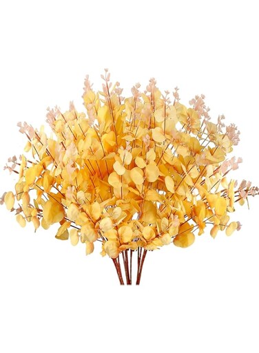 3 Pcs Artificial Yellow Eucalyptus Leaves, Faux Silk Eucalyptus Stems, Silver Dollar Branches for Halloween, Winter, Home, Wedding &amp; Party Decor