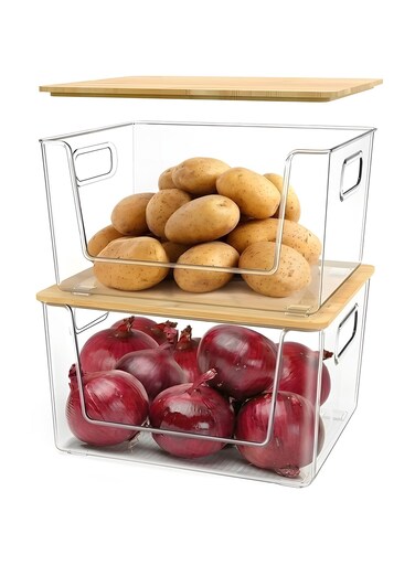 2 Set Pantry Organizer Storage Stackable Kitchen Laundry Organizers for Onion, Potato, Fruit, Produce, Vegetable Clear
