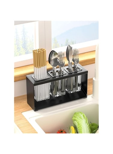 TERRIFI Countertop Cutlery Drying Holder - ableware Holder Box Tabletop Separated, Tableware Organizer with 3 Cups, Bathroom Toothpaste Cosmetic Brush Tooth Holder for Kitchen and Bathroom (Black)