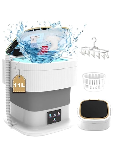 11L Portable Washing Machine Foldable Travel Washing Machine with Bucket and Folding Hanger Large Smart Laundry Machine Compact Washer and Dryer Washer Machine for Baby Clothes, Underwear