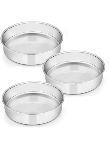 E-far 8 Inch Cake Pan Set of 3, Stainless Steel Round Layer Cake Baking Pans, Non-Toxic &amp; Healthy, Mirror Finish &amp; Dishwasher Safe