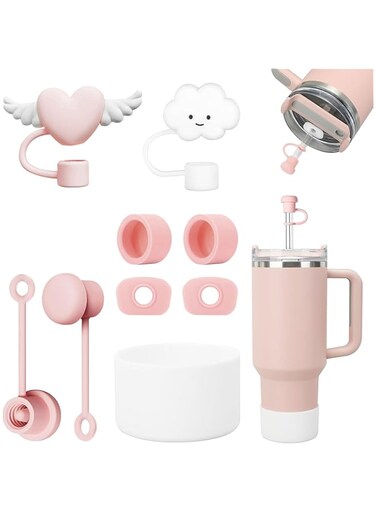 Stanley Cup Cover Straw Accessories Set Includes 6 Pcs Silicone Spill Proof Stopper,2 Pcs Straw Cover Cap for 9-10 mm Straws,1 Pcs White Silicone Boot for Stanley Cup Stanley 40oz 30oz Tumbler Cute
