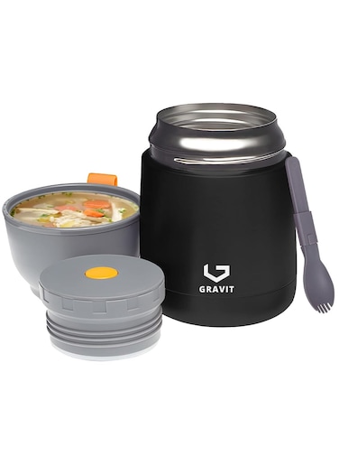 Insulated Food Jar Lunch Box 450ml - Stainless Steel Thermos with Folding Spoon, Keeps Food Hot/Cold, Leak-Proof, Ideal for Baby Food, School Lunches, Office Meals (Black)