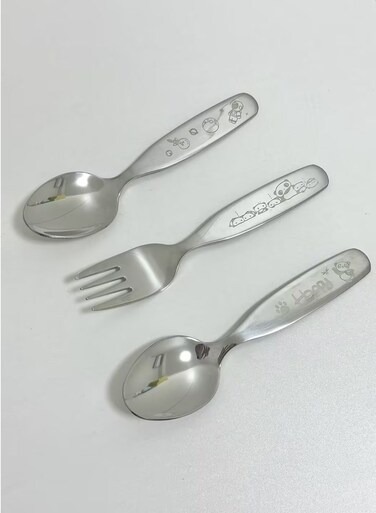 cartoon cute stainless steel spoon fork, long handled household children's spoon, baby soup dessert children's tableware [2 spoons+1 fork]