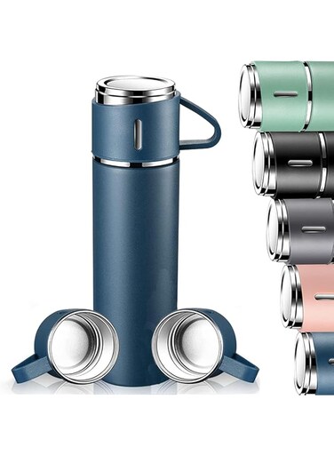 YANEK 500ml Stainless Steel Vacuum Thermos flask with Silicone Handle and Insulated Water bottle with 2 stainless steel cups set for Hot and Cold Outdoor travel   Gift box (2 PACK, BLUE)