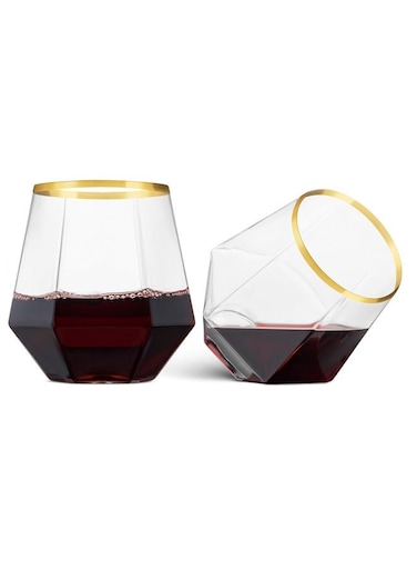 5 Pack Gold Rim Plastic Stemless Wine Glasses - Diamond Shaped Unbreakable Disposable 12 Oz Clear Plastic Wine Champagne Whiskey Cups, Shatterproof Recyclable and BPA-Free