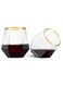 5 Pack Gold Rim Plastic Stemless Wine Glasses - Diamond Shaped Unbreakable Disposable 12 Oz Clear Plastic Wine Champagne Whiskey Cups, Shatterproof Recyclable and BPA-Free