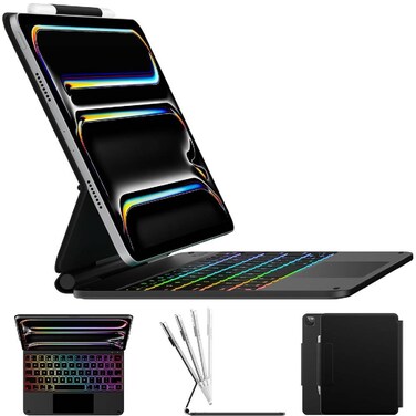 TRON Keyboard Case For iPad Pro 11-inch (M4) 2024,Magic Keyboard with 7 Colors Backlight for iPad Pro 11'', Keyboard Case With Pencil Holder, Multi-Touch Trackpad, Easy-Set Magnetic Stand, Black