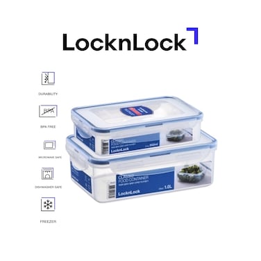 LocknLock Classic Airtight Rectangular Containers 800ml + 1L Set &ndash; BPA-Free, Microwave, Freezer &amp; Dishwasher Safe