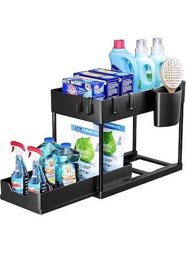 Under Sink Organizers and Storage 2-Tier Double Sliding Pull-out Drawer with Sliding Basket, Hanging Cup with 4 Hooks, Multi-purpose Sink Shelf Storage And Bathroom Rack for Cabinet(Black)