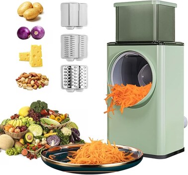 Multifunctional Vegetable Cutter Chopper Rotary Cheese Grater 3-in-1 Shredder Slicer Grinder Salad Maker Machine with Stainless Steel Roller Blades for Vegetable Fruit Nut
