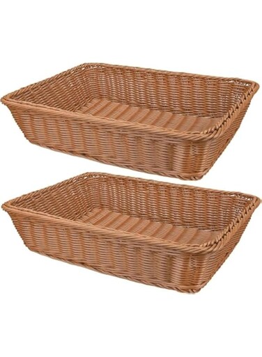Jhania 2 Pack Rattan Woven Fruit/Bread Baskets,14 Inch Poly Wicker Baskets for Food Serving,Stroage,Vegetables,. Kitchen,Restaurant-Rectangular Brown