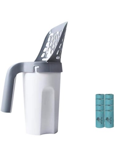 Erweicet Cat Litter Scoop with Bag Holder, Integrated Detachable Deep Cat Litter Shovel with Poop Sifting and 8 Rolls Bags (grey)