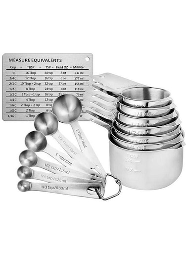 Measuring Cups and Spoons Set of 15, Durable Single Stainless Steel 6 Measuring Cups and 6 Measuring Spoons with 2 D Rings and Magnetic Measurement Conversion Chart