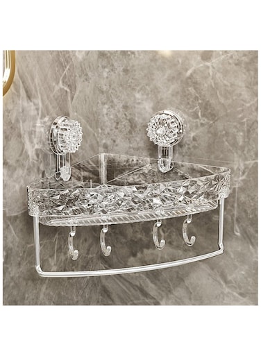 Light Luxury Style Punch-Free Storage Rack No-Drill Clear Wall Caddy Corner Shower Caddy Removable Suction Cup Shower Shelf Adhesive Bathroom Shower Organizer 4 Hooks Kitchen Caddy