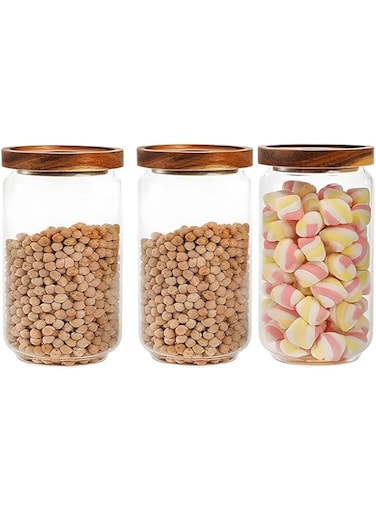 Glass Storage Jar with Wood Lids, Airtight Sealed Clear Borosilicate Glass Container,Tea Canister,Kitchen Food Storage Containers for Coffee Beans Loose Tea Nuts Sugar Candy Spice (3pack-800ml)