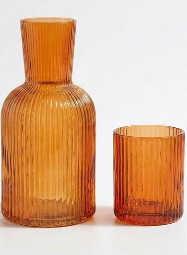Green 750ml Carafe &amp; 250ml Cup Set &acirc;&euro;&ldquo; Amber Ribbed Glass Bedside Water Pitcher &acirc;&euro;&ldquo; Borosilicate Carafe for Home &amp; D&Atilde;&copy;cor