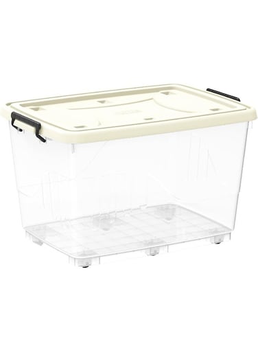 132L Clear Plastic Storage Box With Wheels &amp; Lockable Lid (Off White) Off White 132.0Liters