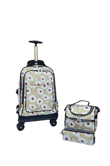 Kids Rolling School Backpack Set, 3-Piece with Lunch Bag and Pencil Case, Spinner Wheels.(Brown Flowr Design Print)