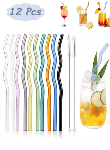 12 Pcs Reusable Wavy Colorful Glass Straws with 2 Cleaner Brush - Curved Drinking Straws Multicolor Glass Straws 9''x8 mm for Beverages Coffee Juice Cocktail Teas (10 Colors)