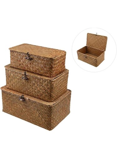 ALEYHA 3pcs Rustic Woven Storage Baskets: Seaweed Straw Rattan Rectangular Brown Baskets with Lids for Home Decor